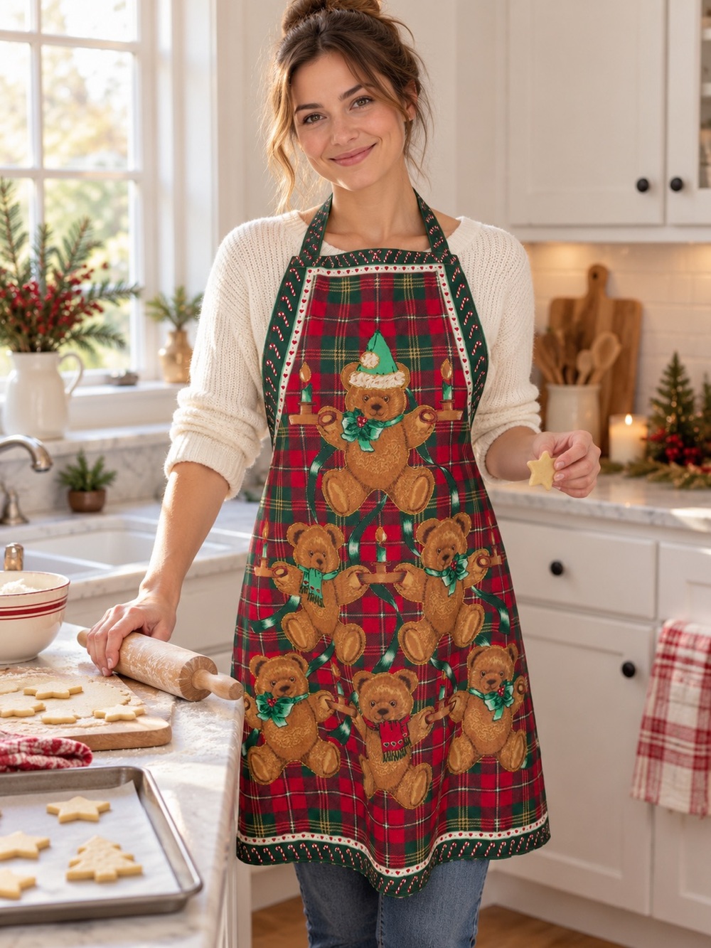 Christmas Apron Red Green Teddy Bears Holiday Kitchen Vintage Style EUC